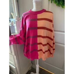 Peach Lane Size Medium Oversized Sweater Striped Pattern Fuschia & Peach